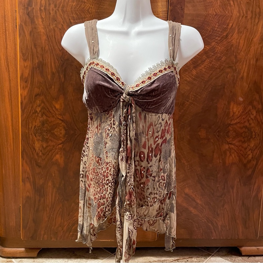 Hale Bob Silk Velvet Tank Mesh Sequins Small